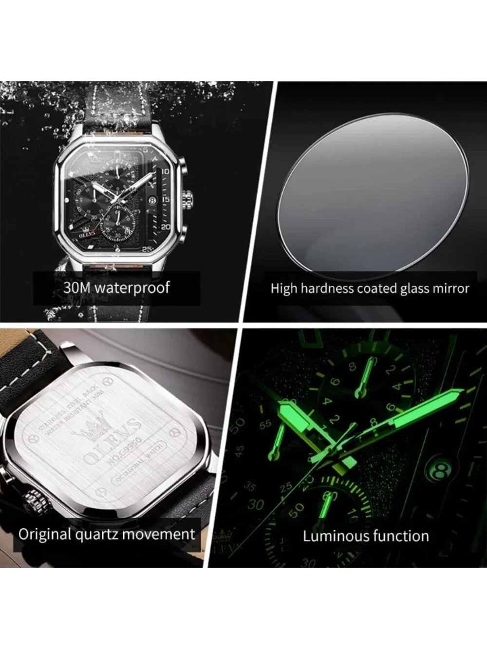 Men's Black Quartz Leather Strap Waterproof Casual Square Dial Wrist Watch